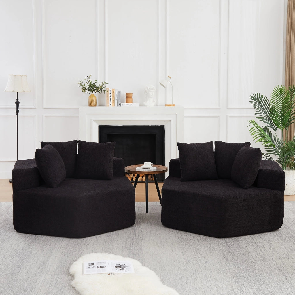 Fauteuil modulare esagonale con 3 cuscini e imbottitura in schiuma e molle per composizioni versatili in ciniglia nero