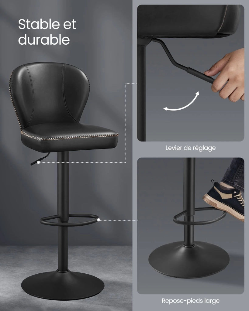 Sgabello da bar girevole a 360° set da 2 altezza regolabile schienale in PU con cuciture stile moderno di metà secolo per cucina/bar facile da montare nero 12_0005381