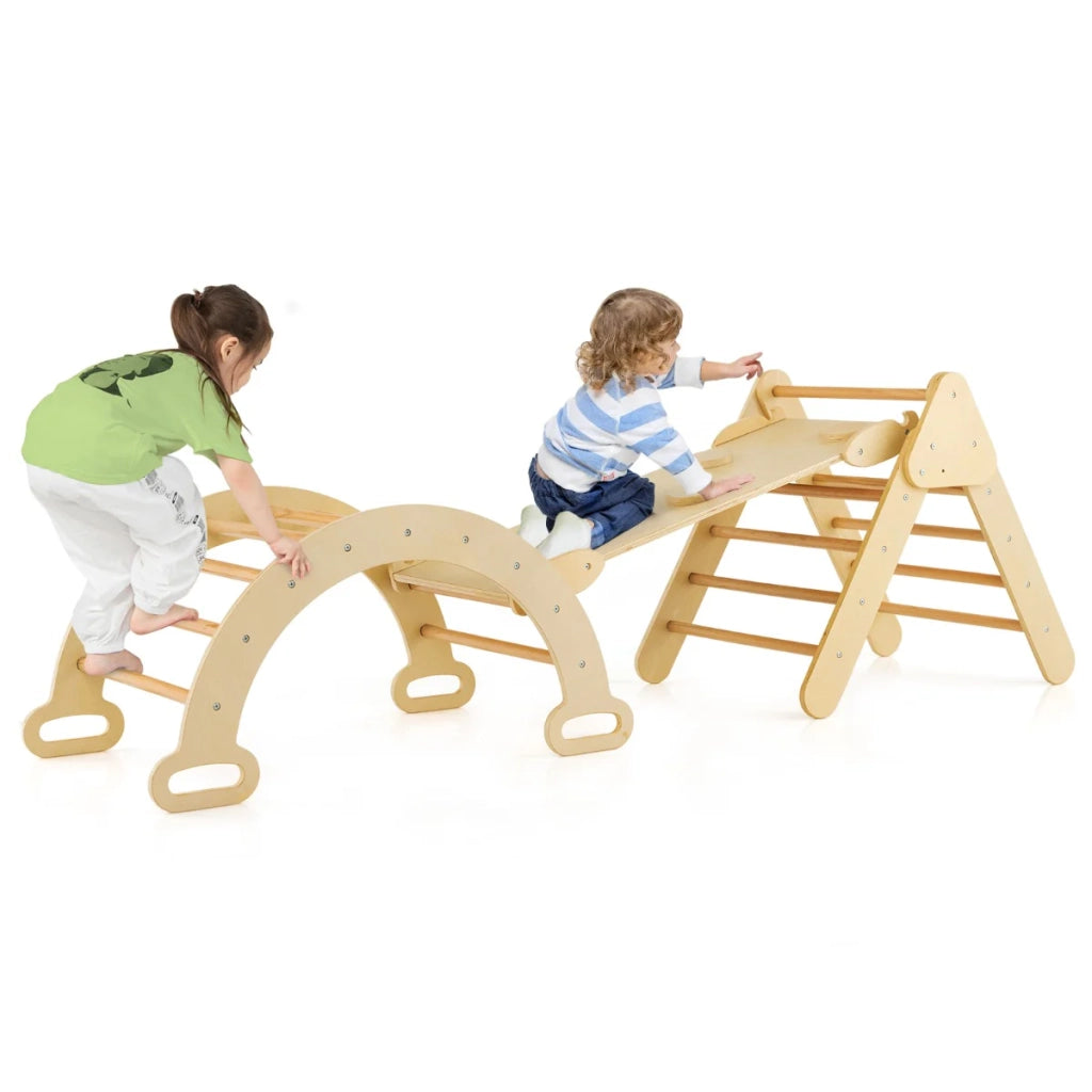 Set di 3 triangoli da arrampicata in legno 75 x 55 x 64 cm con rampa reversibile e sistema di gioco vario in faggio naturale 20_0009981