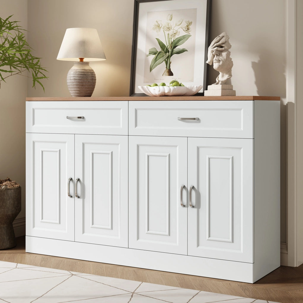 Credenza con 4 ante e 2 cassetti; ripiani regolabili; 120 x 35 x 80;5 cm; bianca