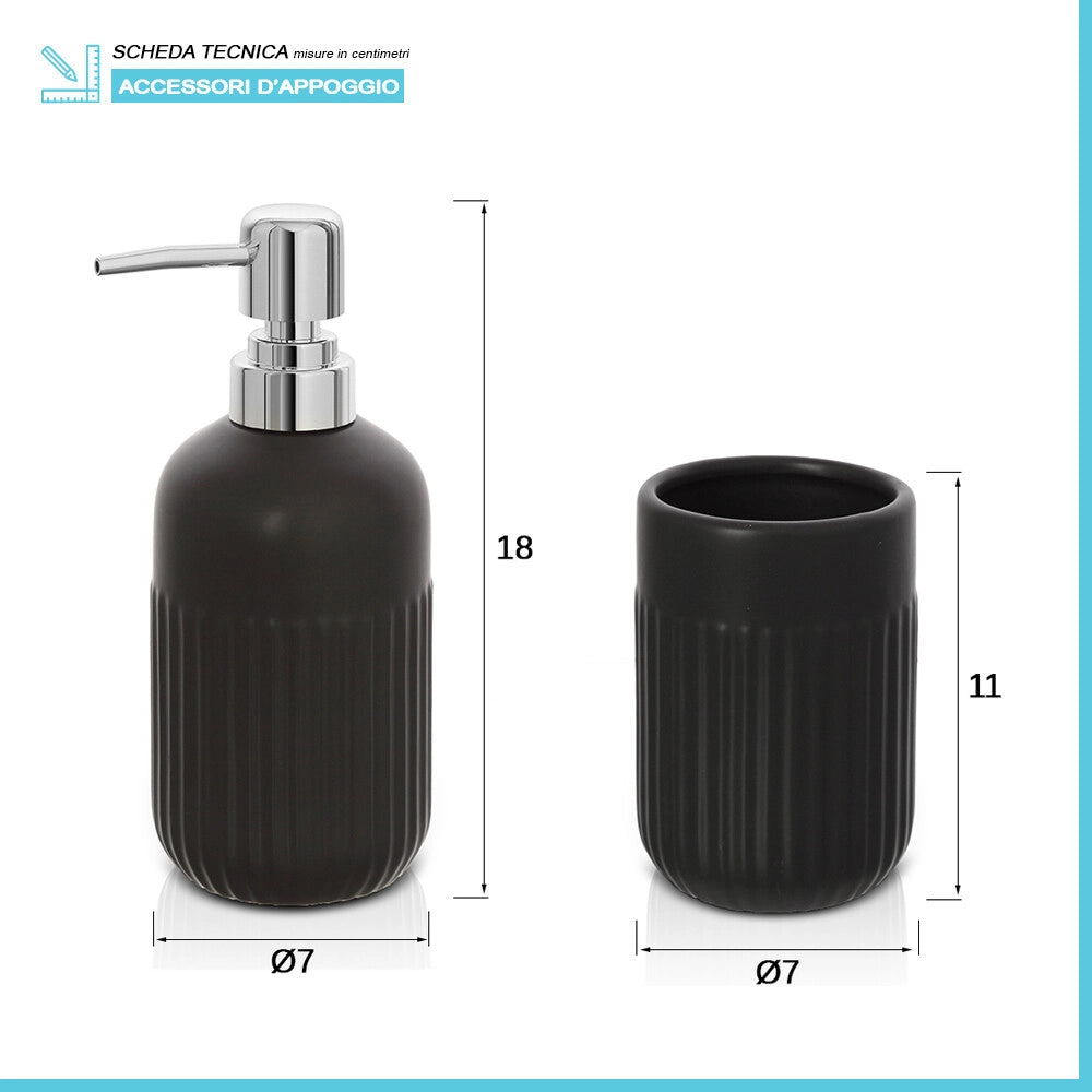 Set accessori bagno in ceramica nera opaca con dispenser sapone e due portaspazzolini Cup