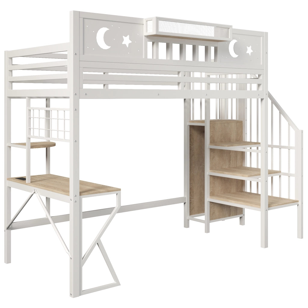 Letto a soppalco 90x200 con scrivania in metallo e MDF; bianco; LED e USB