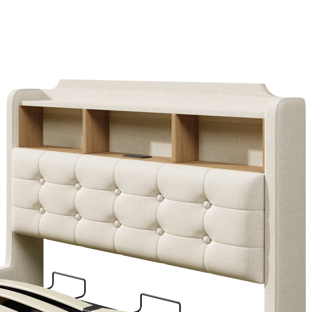 Letto imbottito 140x200 cm con contenitore idraulico; LED; USB e Type-C; beige in lino