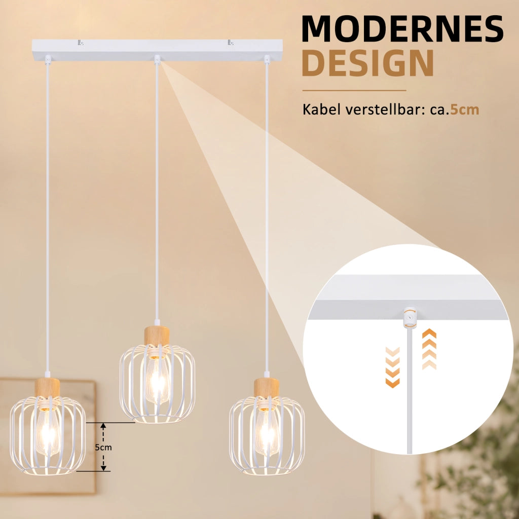 ZMH Lampada a Sospensione 3 Luci Bianco Legno E27 Moderna per Cucina Soggiorno Camera Isola Senza Lampadina