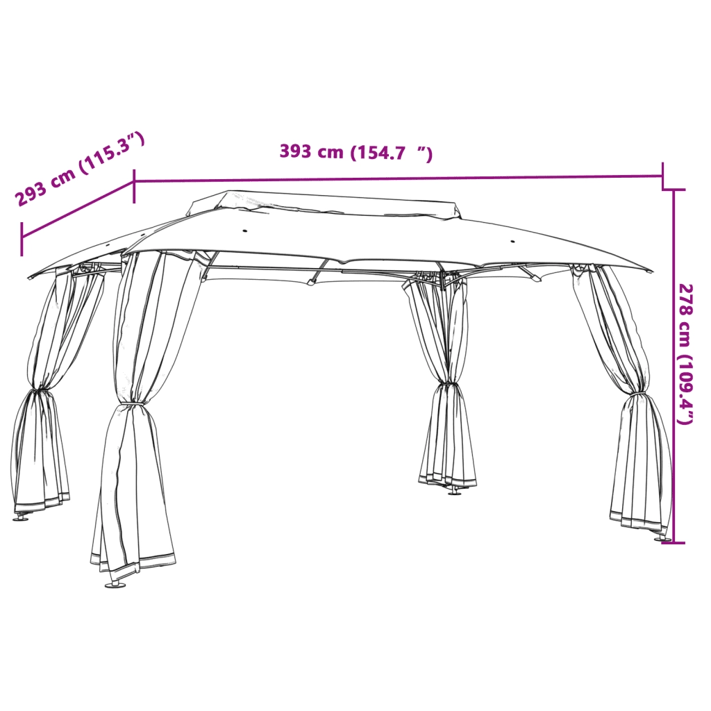 Gazebo con Tetto Doppio/Pareti Rete Tortora 3,93x2,93 m Acciaio