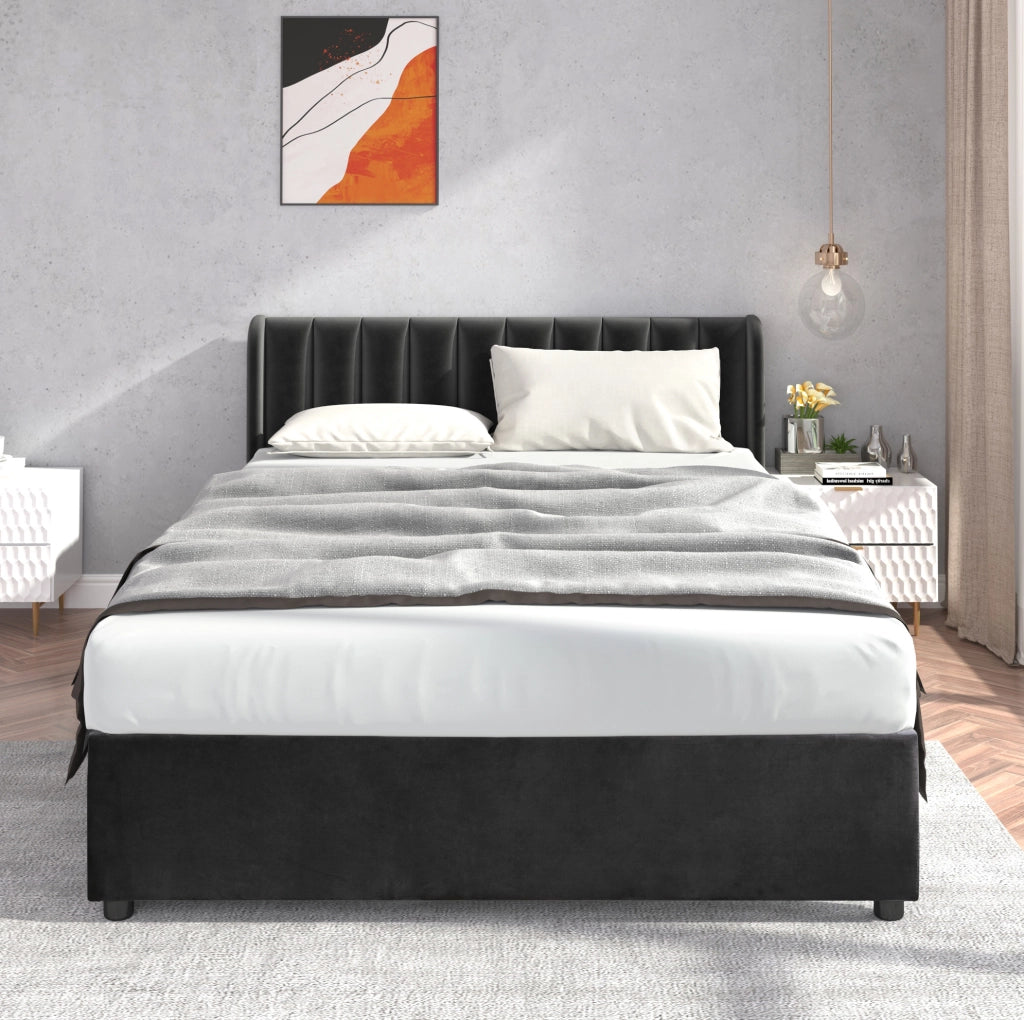 Letto matrimoniale 160x200 cm in velluto nero con 2 cassetti; rete inclusa
