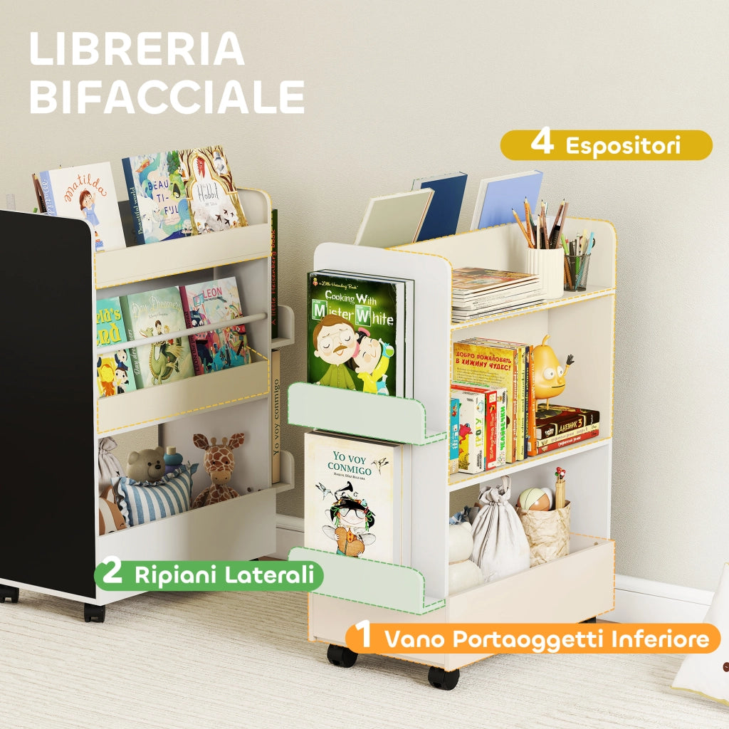 Libreria per Bambini 3-8 Anni a Due Lati, Scaffale Portagiochi con Ruote e Lavagna Nera, Bianco