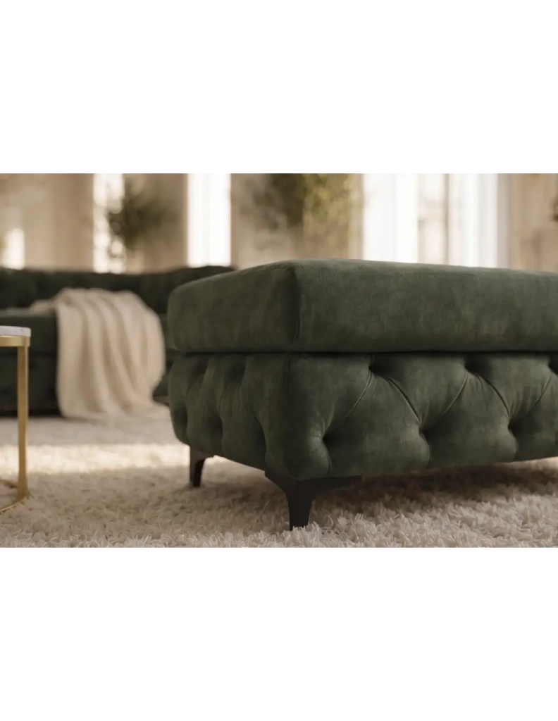 Pouf VELENA in velluto trapuntato – Verde scuro – 95 x 49 x 62 cm