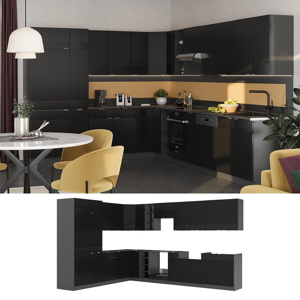 Cucina angolare completa Fame-Line Nero rigato/Antracite 347 x 60 cm, PL Rovere Vicco