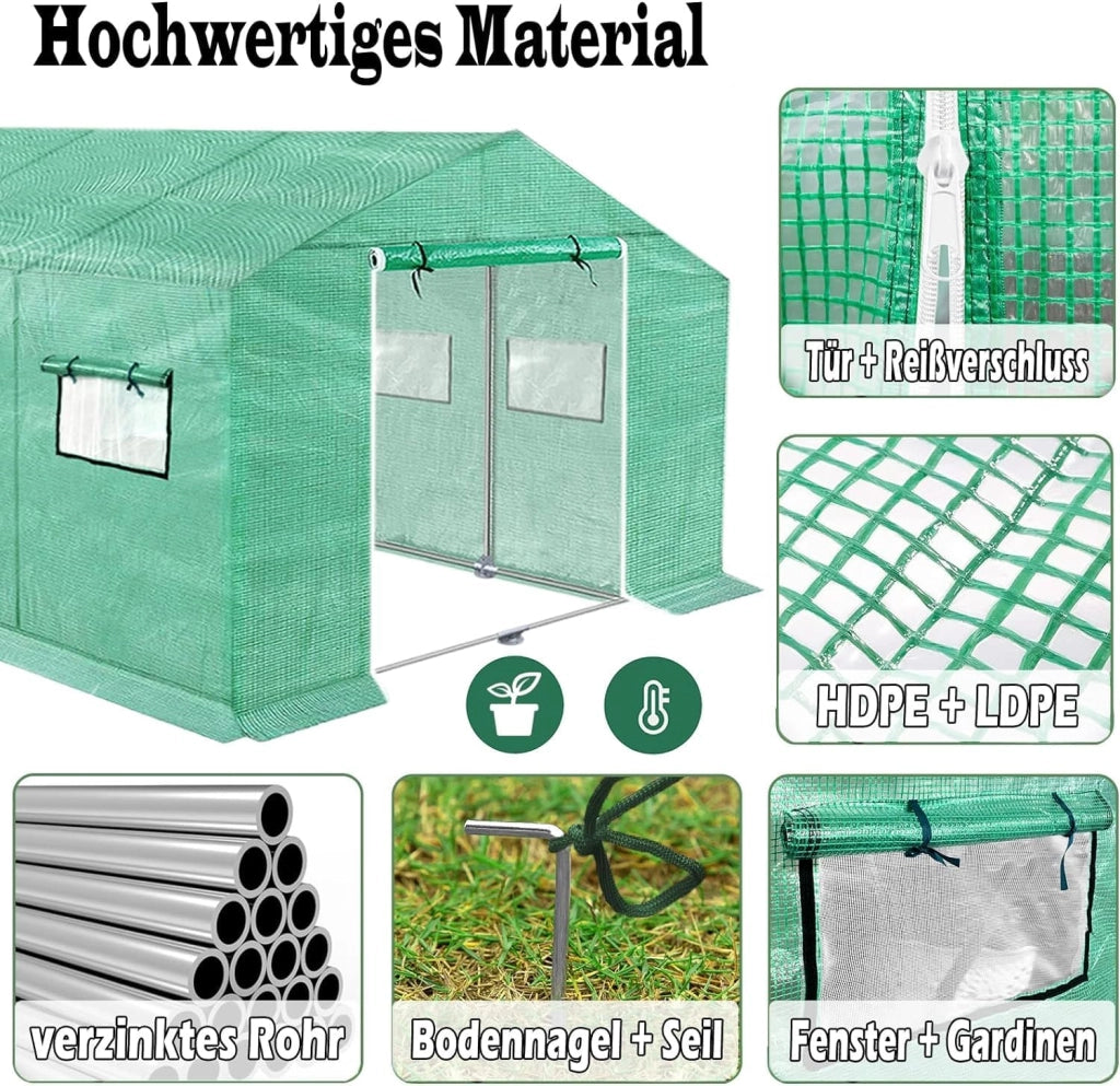 Serra da giardino in pellicola, 4,5 x 2 x 2 m, con porta e lontano, per pomodori, per piante da giardino, verde