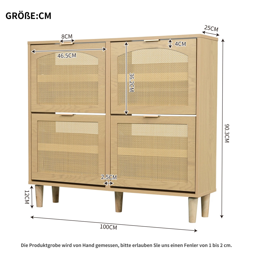 Scarpiera con 4 ante ribaltabili in stile rattan, mobile salvaspazio per ingresso con struttura in truciolare effetto rovere, 100 x 25 x 90 cm