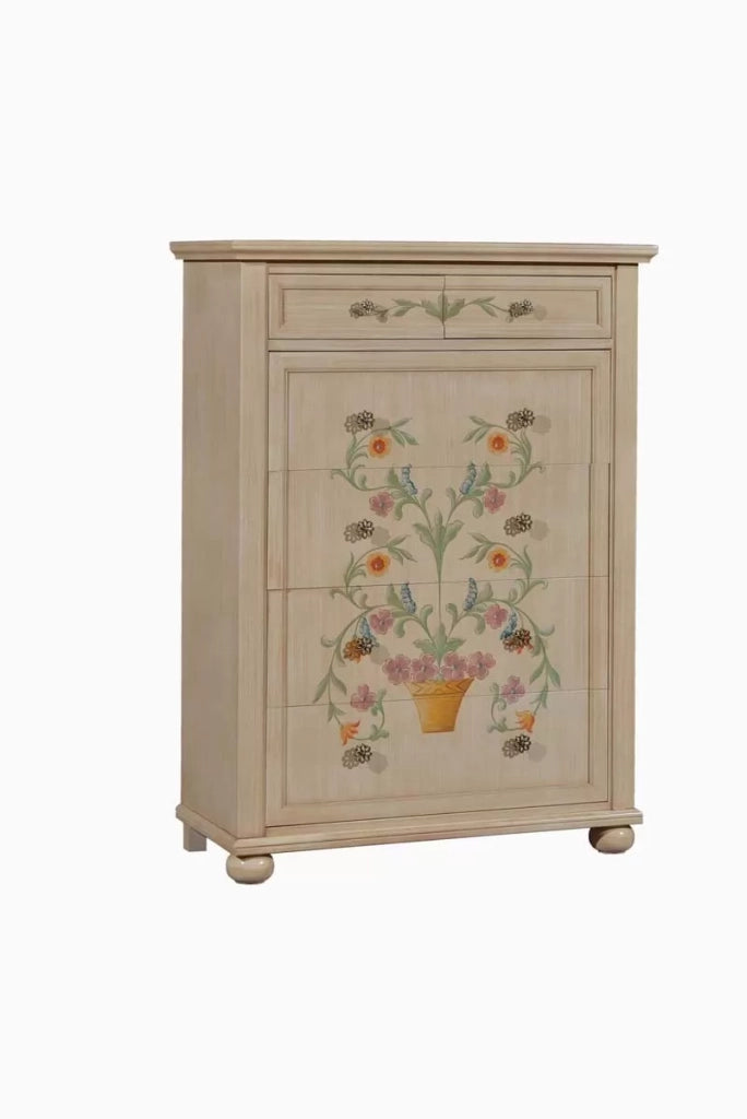 Cassettiera in legno shabby avorio pennellato decori 102x44x142 - Mobili 2G