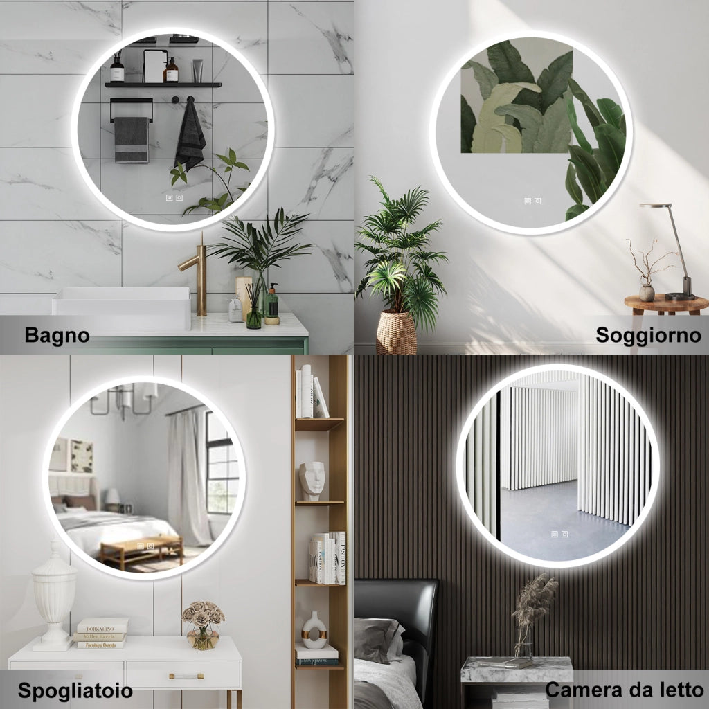 AICA Specchio da bagno 70 x 70 cm, 3 colori, antiappannamento, dimmerabile, interruttore touch, Funzione Memoria