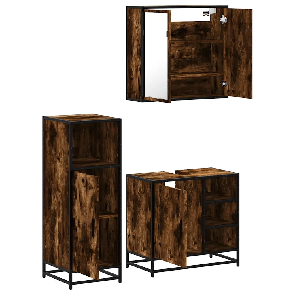 Set Mobili da Bagno 3 pz Rovere Fumo in Legno Multistrato