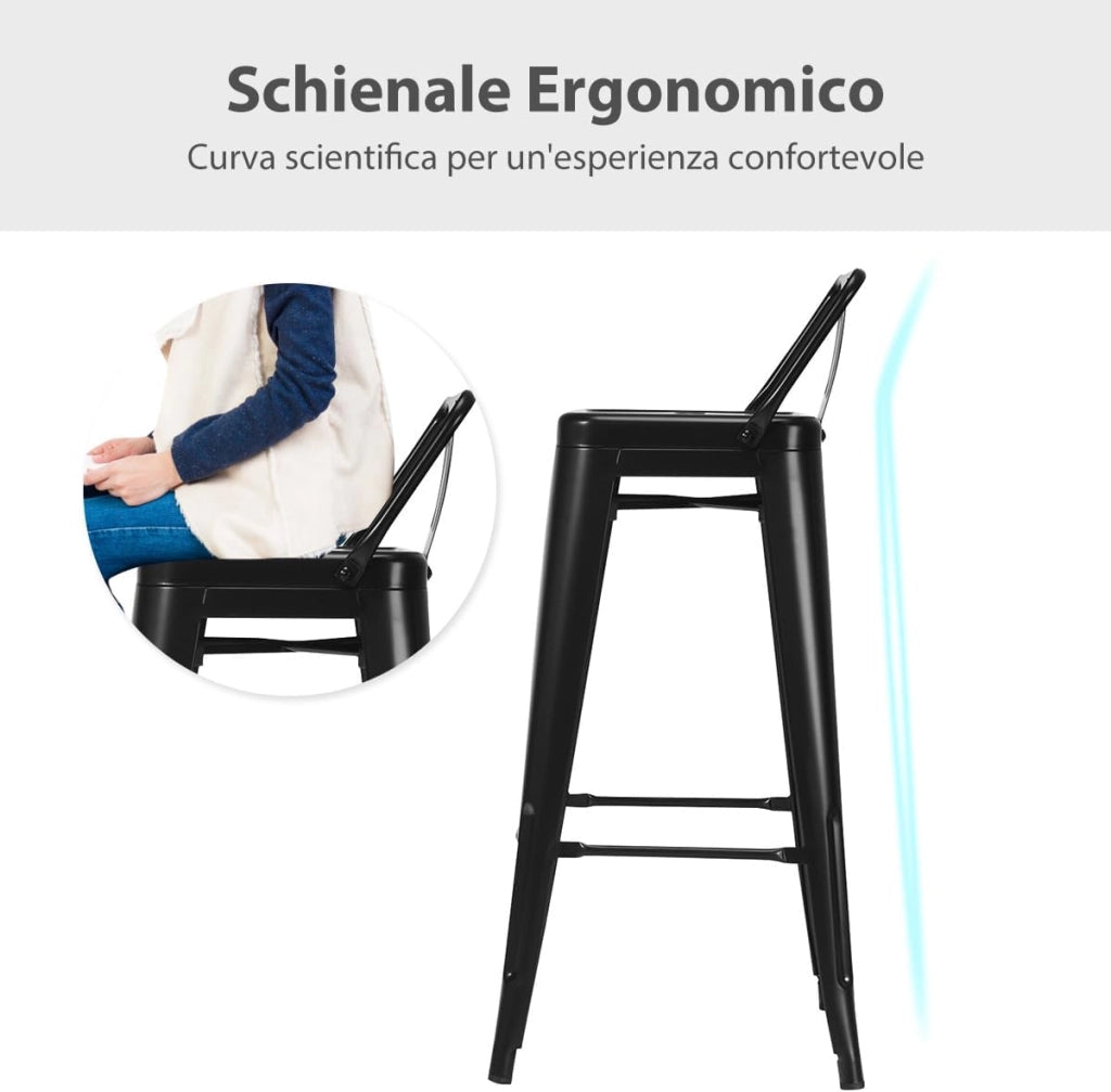 Set di 4 Sgabelli da Bar con Schienale da 94 cm, Sgabelli in Metallo Impilabili con Poggiapiedi per Cucina, Sala da Pranzo e Bar (Nero)
