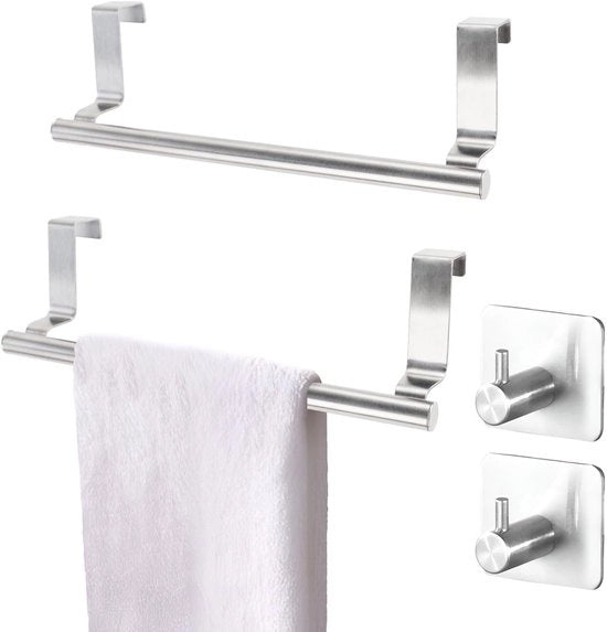 Manicotto per asciugamano in metallo con 2 ganci argentati, asciugamano per appendere sopra la porta per bagno e cucina, manicotto per asciugamano piccolo da appendere
