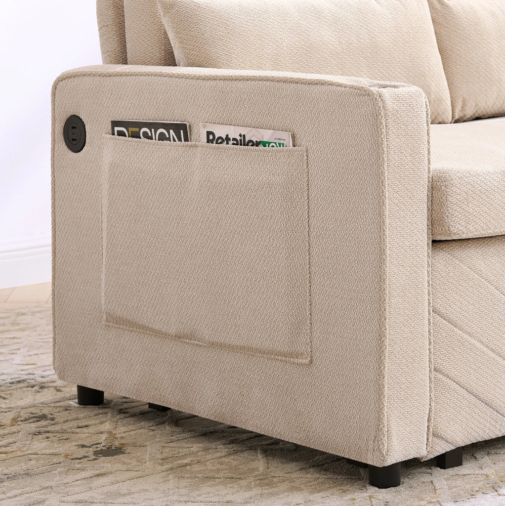 Divano letto 2 posti beige in legno e tessuto; con porte USB