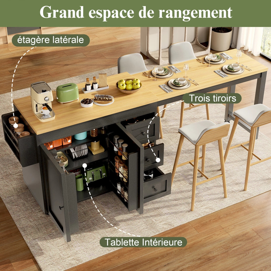 Mobile da cucina estensibile con 3 cassetti; ripiani laterali e armadio a 2 ante; su ruote; per cucina e sala da pranzo