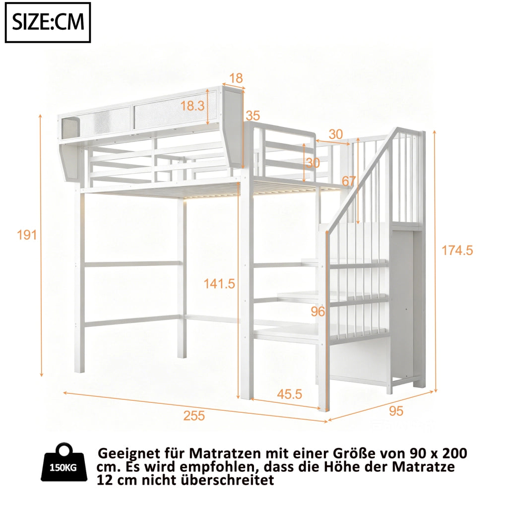 Letto a soppalco 90 × 200 cm con LED, scala di sicurezza e ripiani regolabili, senza materasso, in metallo bianco