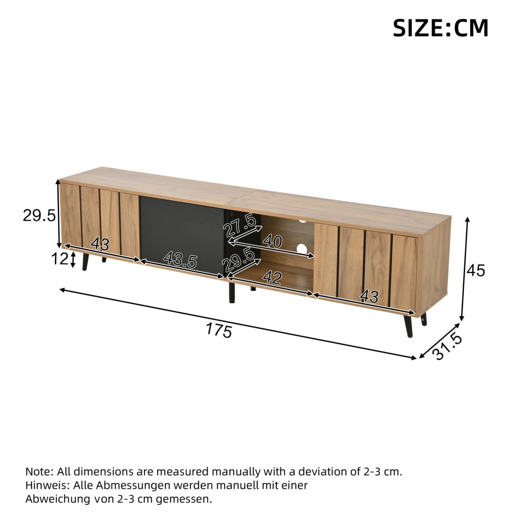 Mobile TV 175x31.5x45 cm con 3 ante e ripiano centrale in vetro temperato; truciolare naturale e nero