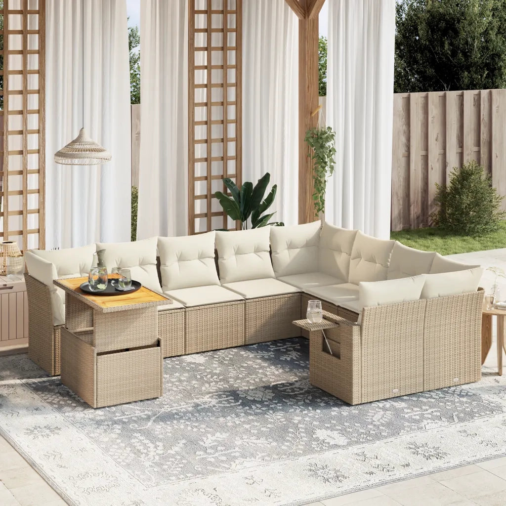 Set Divano da Giardino 10 pz con Cuscini Beige in Polyrattan