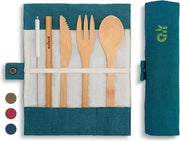 Set di Cucina Ecowech Eco Reisbestek - Set di Cucina Ecologico in Bambù con Tasca di Riposo - Forchetta Coltello Cucchiaio - Utensili da Cucina per Campeggio - 20 cm - Lagune
