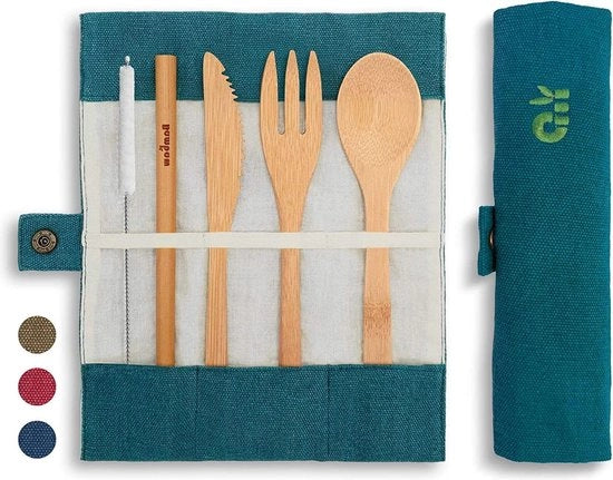 Set di Cucina Ecowech Eco Reisbestek - Set di Cucina Ecologico in Bambù con Tasca di Riposo - Forchetta Coltello Cucchiaio - Utensili da Cucina per Campeggio - 20 cm - Lagune