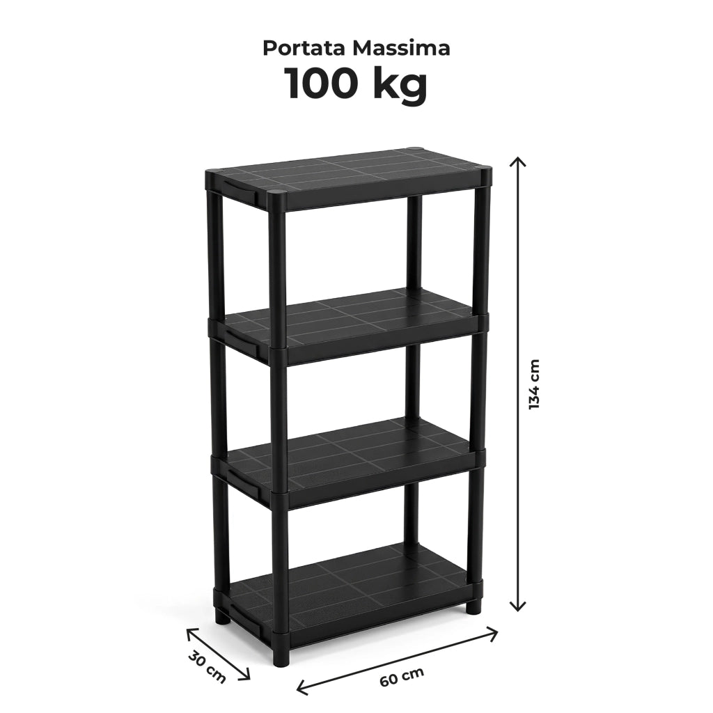 Scaffale in Plastica a 4 Ripiani 134 x 60 x 30 cm, Portata Totale 100 kg, Libreria Modulare Salvaspazio per Casa, Garage
