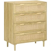 Mobile Cassettiera 4 Cassetti Stile Boho in Legno e Rattan, 90x45x108.5cm, Rovere