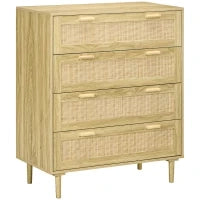 Mobile Cassettiera 4 Cassetti Stile Boho in Legno e Rattan, 90x45x108.5cm, Rovere