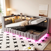 OKWISH Letto Divano 90×200 cm, Letto Singolo con Vano Contenitore Idraulico, LED Regolabile, USB, Tipo C e Mensole, senza Materasso, Grigio Chiaro