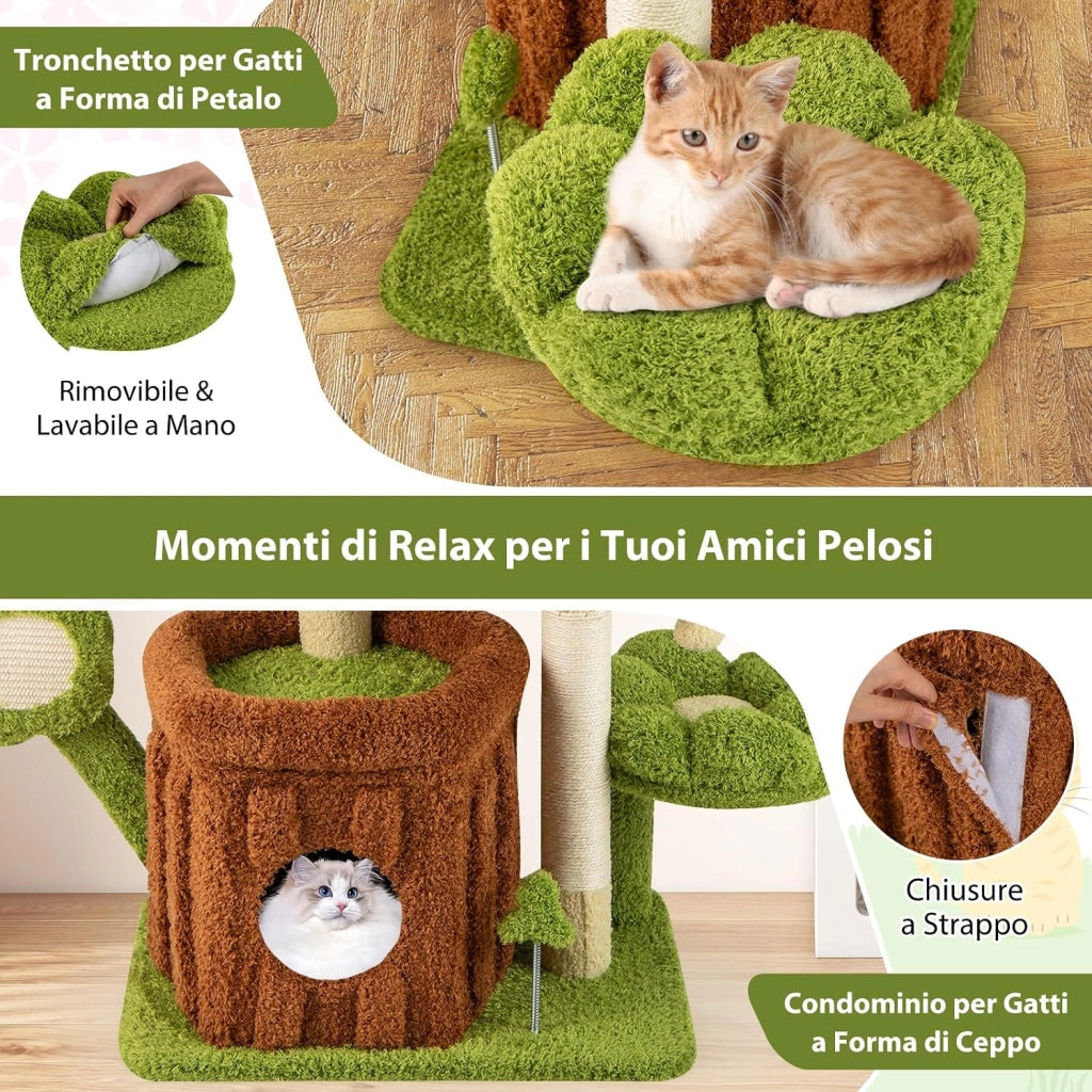 Albero per Gatti, Albero Tiragraffi per Gatto con Condominio Tronco, Trespolo a Fiore, Letto Imbottito, Pompom, Giocattolo a Molla e Piattaforme, Tiragraffi per Gatti da Interno