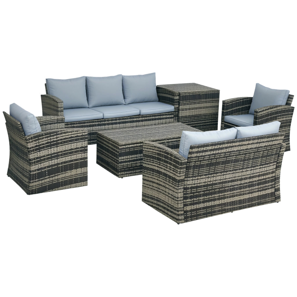 Set da Esterno 6 Pezzi con 2 Tavolini Contenitore 2 Divani e 2 Poltrone in Rattan e Acciaio Grigio