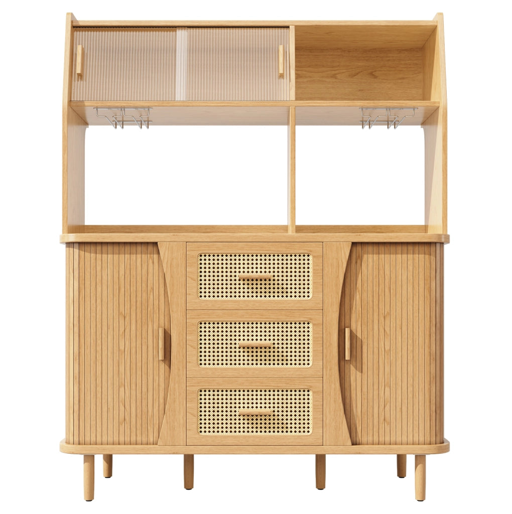 Credenza 140x40.5x174.5 cm con ante scorrevoli in vetro; 3 cassetti e ripiani aperti in MDF e metallo; naturale