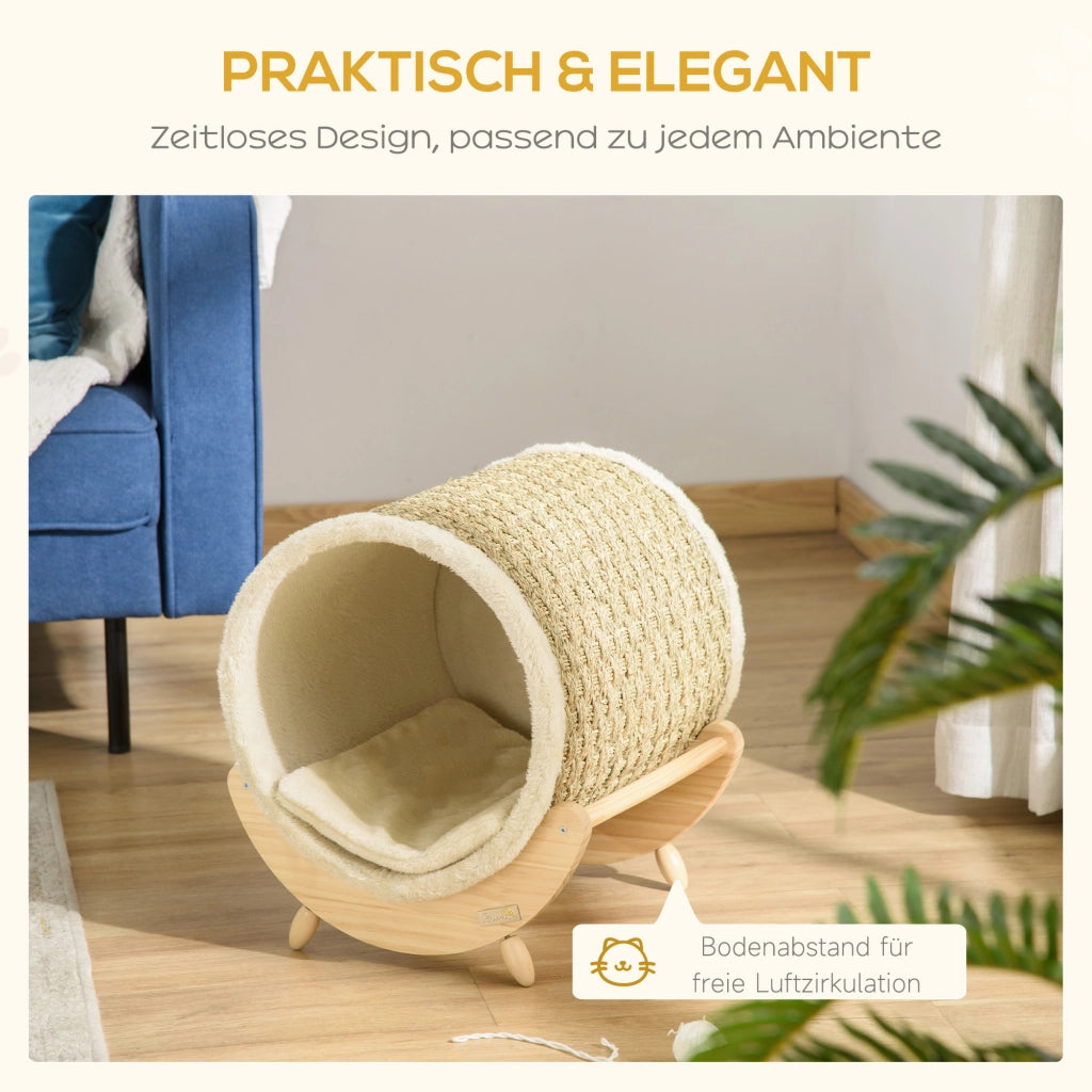 Tiragraffi per gatti con grotta, cuscino e area graffio integrata, design rialzato in legno khaki per interni