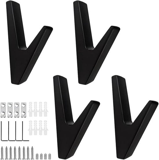 Quattro ganci neri, fissati al muro, asseggianato per asciugamani, pannello assorbente del rumore, materiale zinco leggero, adatto per bagni, cucine, corridoi e scale.