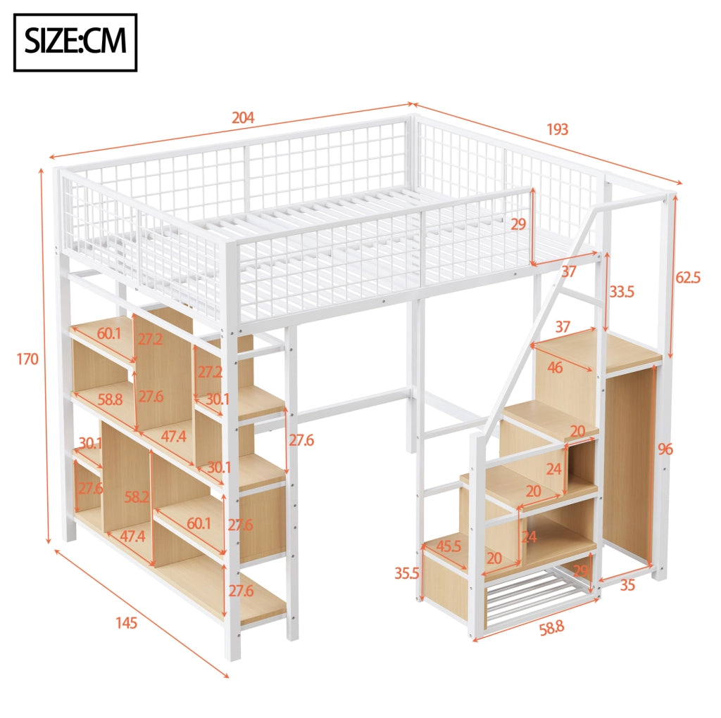 Letto a soppalco bianco 140 x 200 cm con scala contenitore