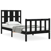 Letto singolo | Letto per adulti | Giroletto con Testiera Nero Small Single in Legno Massello