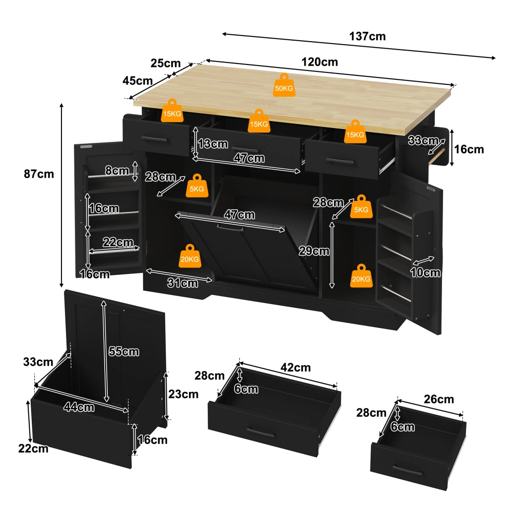 Isola Cucina Mobile con Piano Ribaltabile e Cassetto ¨C MINIMAL ¨C Bianco, 120x45x87 cm