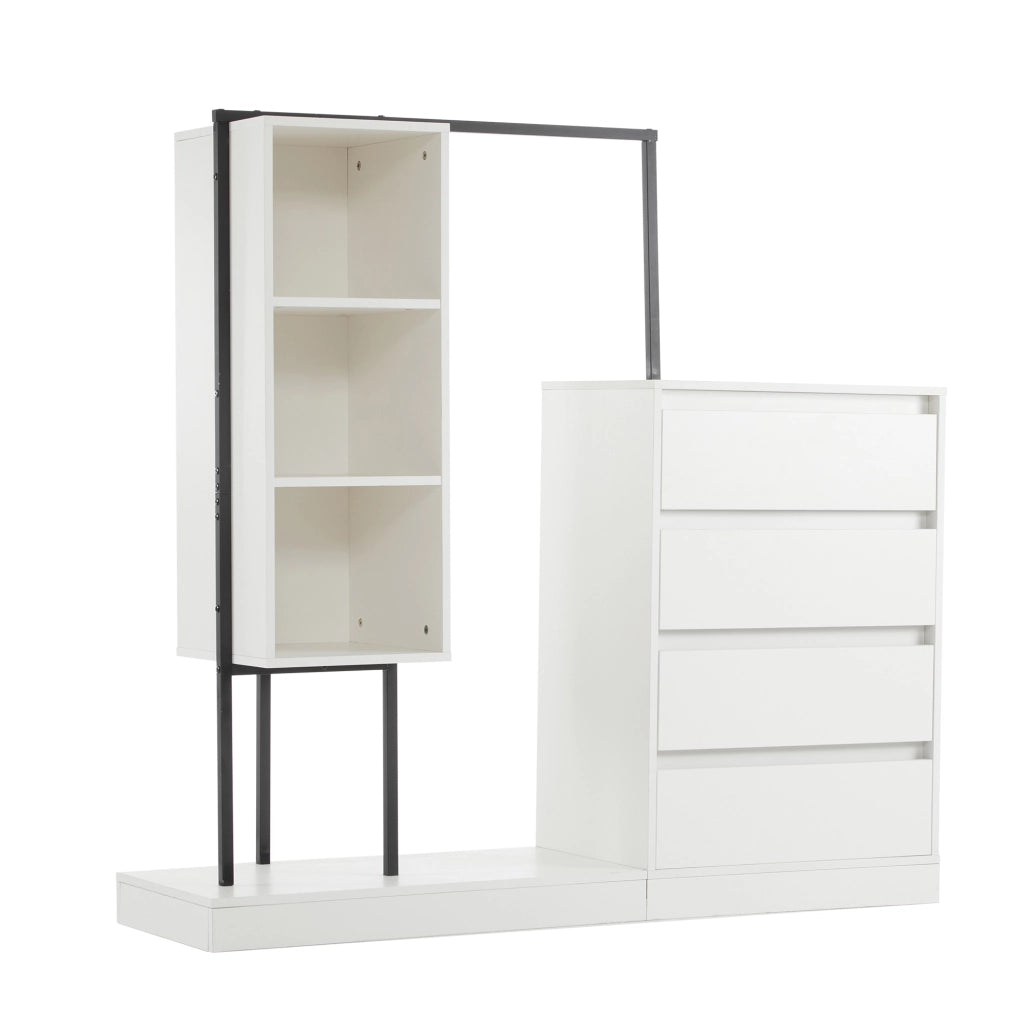 Armadio multiuso con cassetti; ripiani aperti e barra appendiabiti 140x40x135 cm bianco