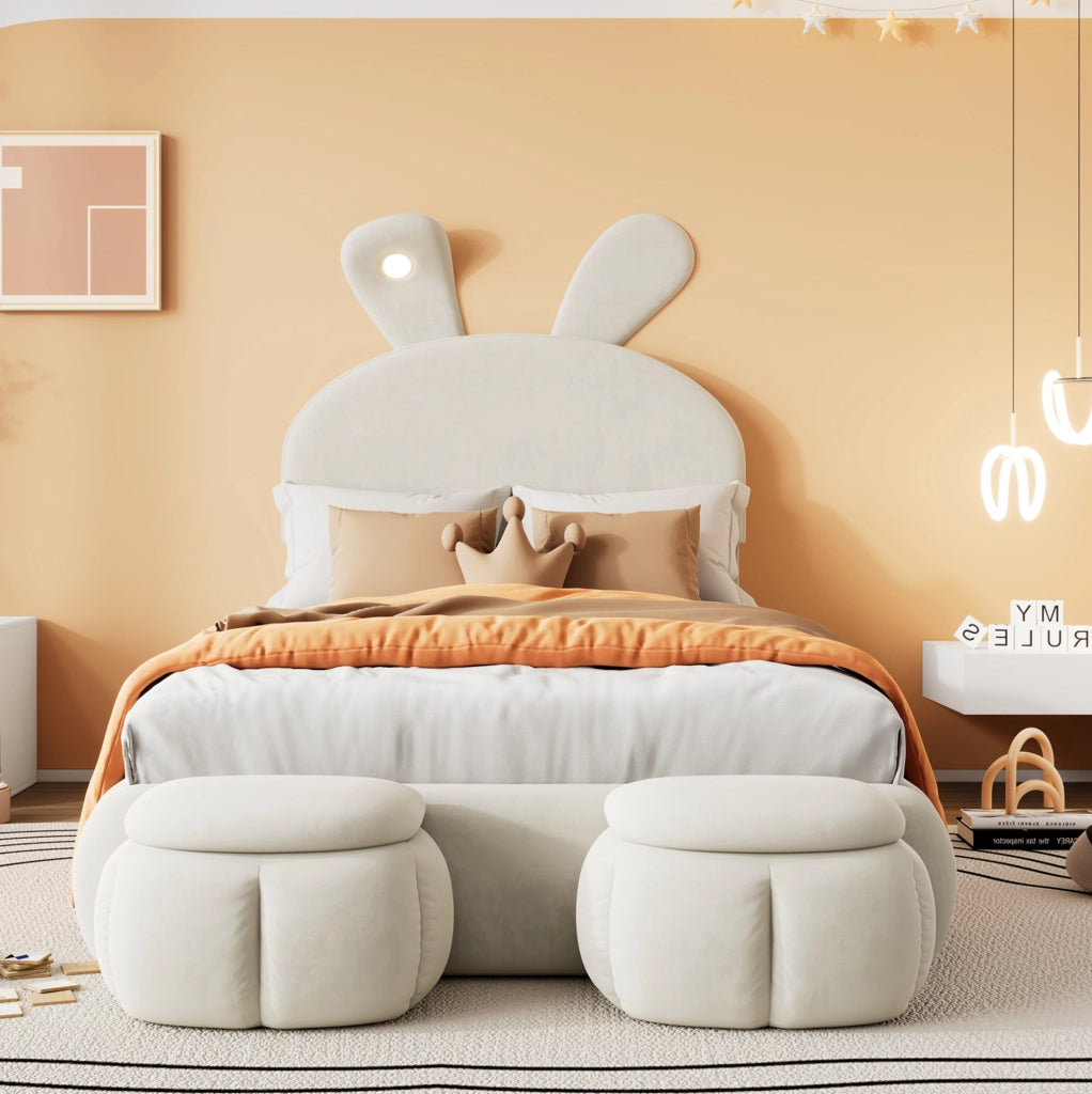 Letto imbottito con orecchie di coniglio, velluto beige, 90x200 cm
