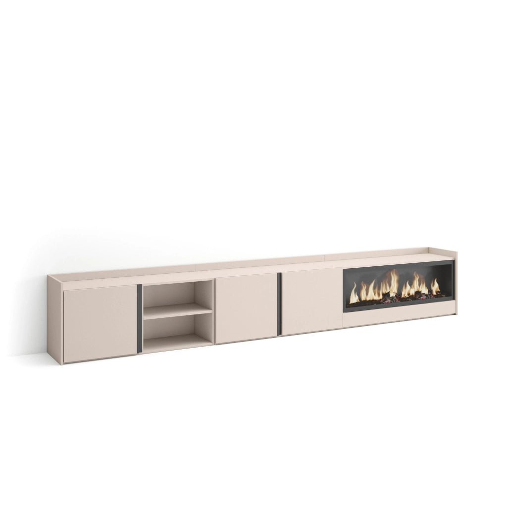 Mobile TV Soggiorno, 315x50x35 cm, Per TV fino a 80", Camino elettrico XXL, Beige