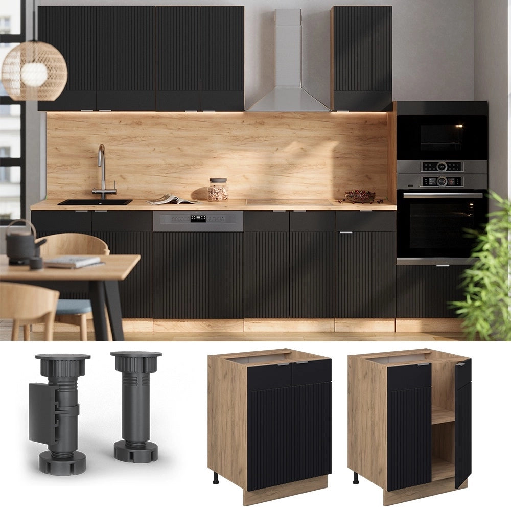 Mobiletto base cucina Fame-Line Nero rigato/Rovere dorato 60 cm, PL Marmo Vicco