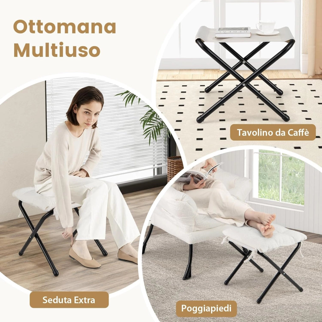 Poltrona Relax con Poggiapiedi, Poltrona da Lettura con Cuscino per Testa, Poltrona Moderna con Schienale e Seduta Imbottiti, Braccioli e Tasca di Stoccaggio, Portata 150 kg (Cashmere Beige)