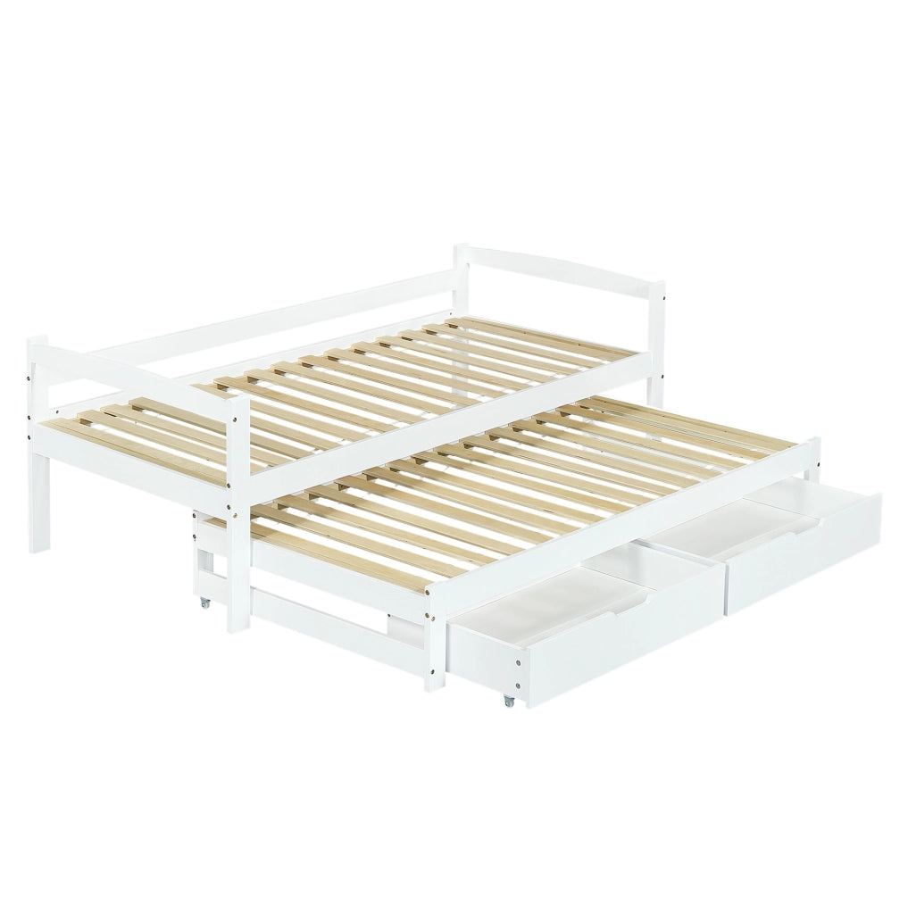 Letto giorno bianco in pino massello con letto estraibile, 2 cassetti in MDF, 200x90cm/190x90cm