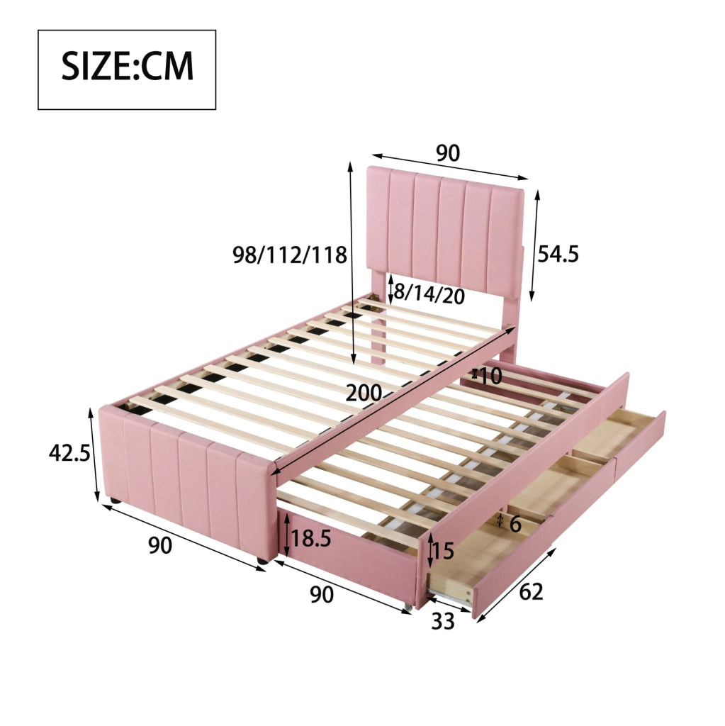 Letto imbottito con letto estraibile e 3 cassetti; 90x200 cm; rosa