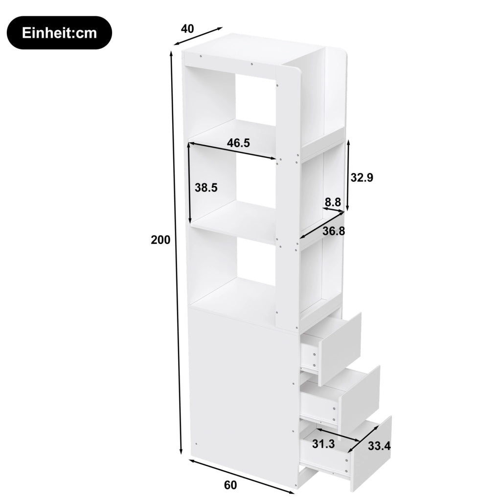 Libreria stretta con 3 ripiani aperti e 3 cassetti; reversibile; 60 x 40 x 200 cm; bianco