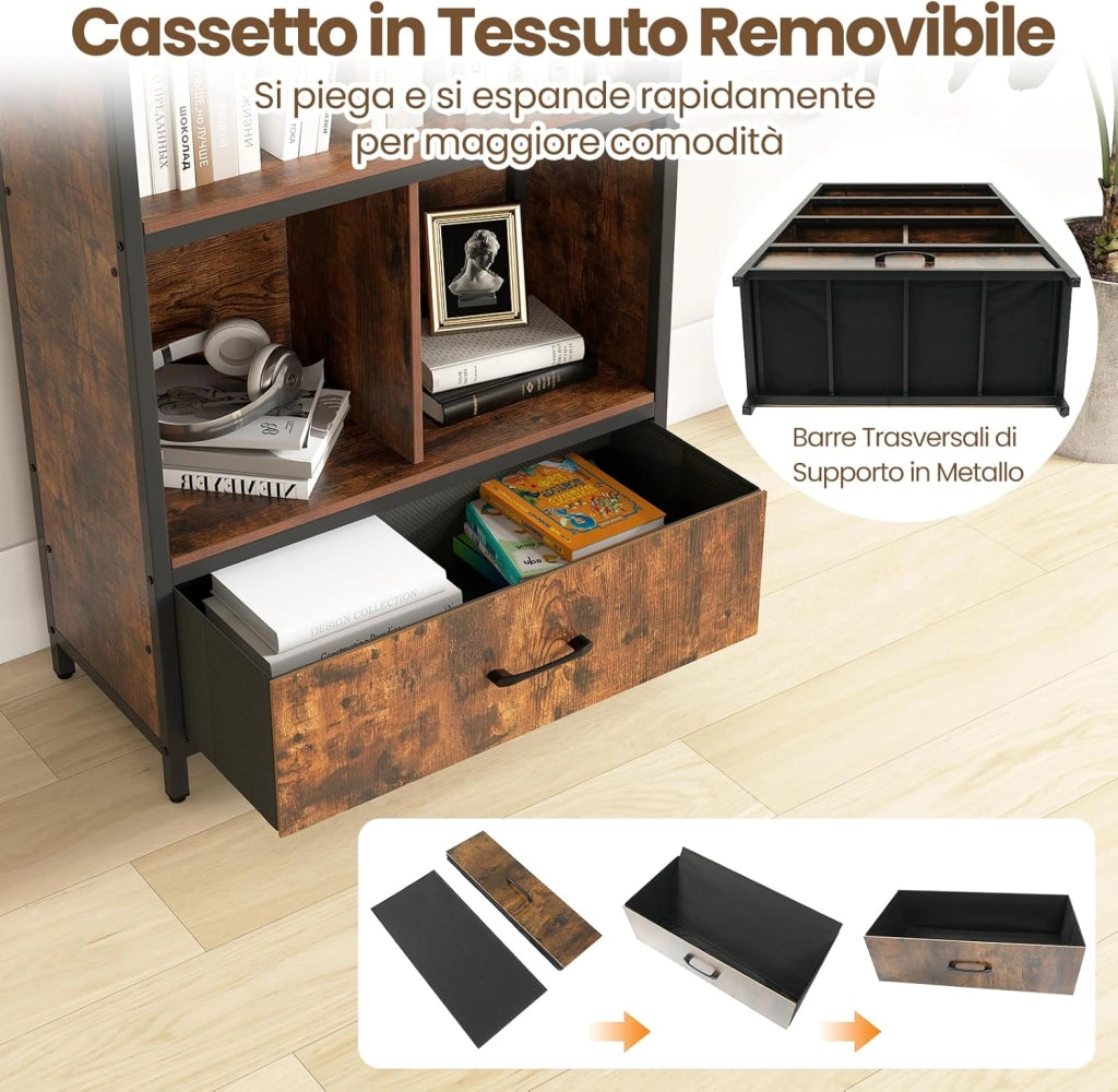 Libreria Scaffale a 3 Livelli, Mobile Alto con 4 Scomparti 1 Cassetto in Tessuto Pieghevole e 2 Dispositivi Antiribaltamento, per Studio e Ufficio, 68x30,5x151,5 cm (Marrone)