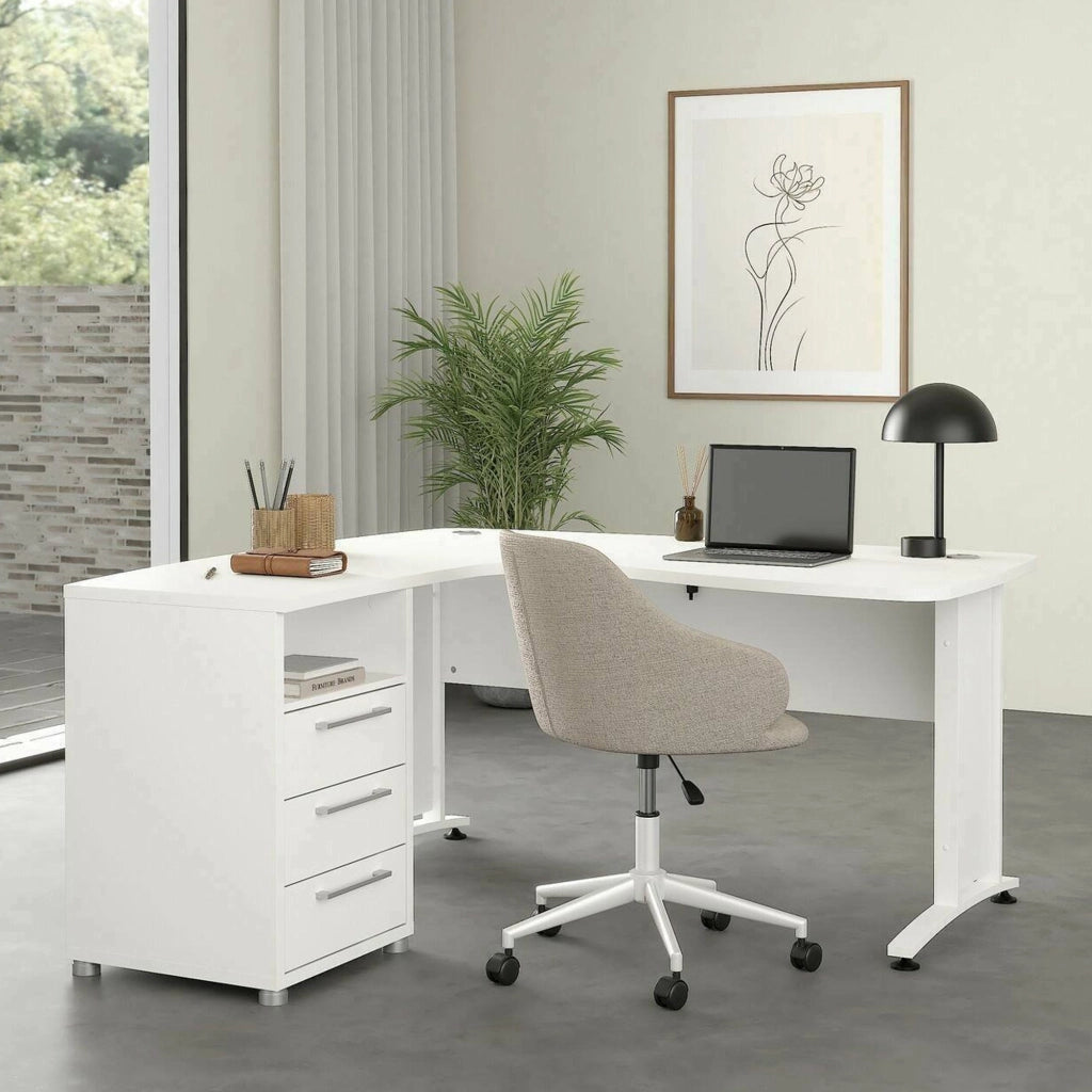 Scrivania Estong, Scrittoio multiuso, Tavolo per ufficio porta PC, Piano di lavoro, 159x150 h75 cm, Bianco