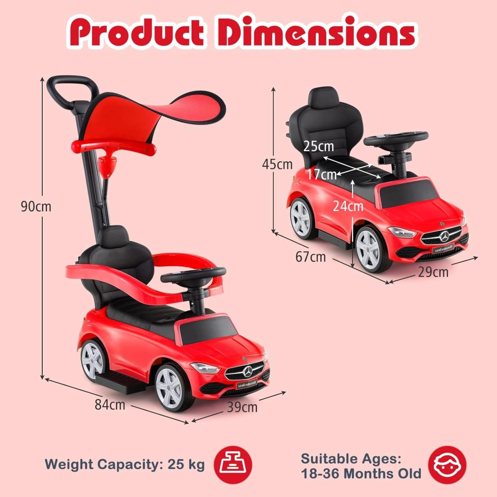 Macchina Cavalcabile per Bambini con Licenza Mercedes-Benz 3 in 1, Capote Regolabile, Guida Realistica con Volante e Clacson, Capacità di Carico 25 KG, per Bambine e Bambini 1-3 Anni (Rosso)